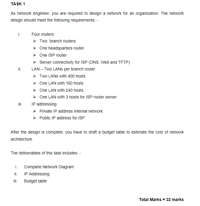 TASK 1 As network engineer, you are required to design a