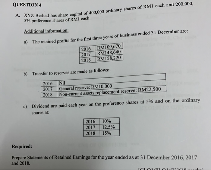 QUESTION 4 A. XYZ Berhad has share capit 5% preference shares