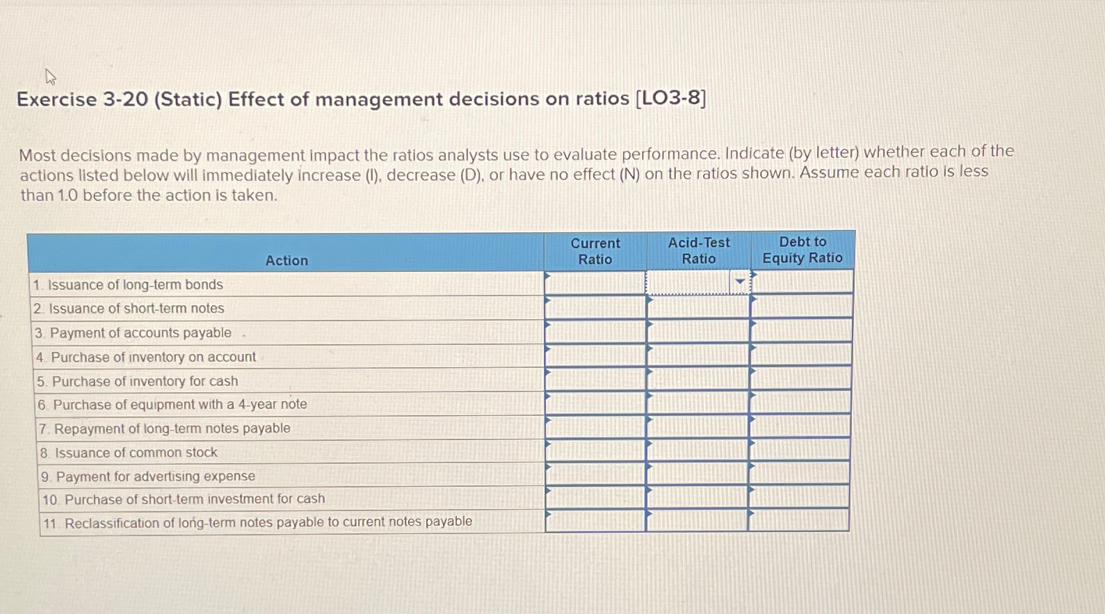  Exercise 3-20(Static) Effect of management decisions on ratios [LO3-8] Most decisions
