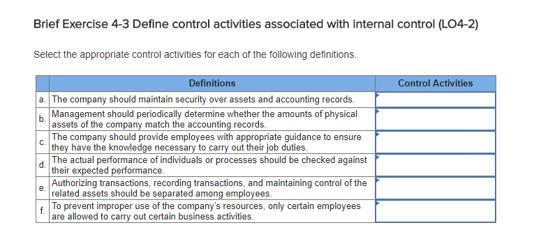  Brief Exercise 4-3 Define control activities associated with internal control (LO4-2)