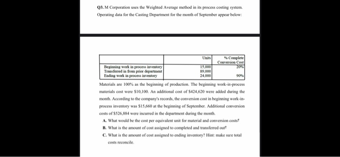  Q3. M Corporation uses the Weighted Average method in its process