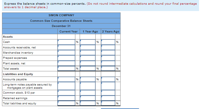 Express the balance sheets in common-size percents. (Do not round intermediate