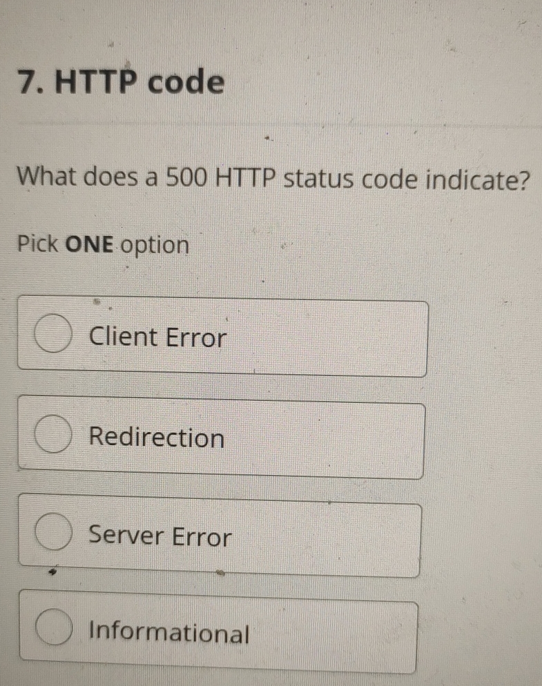  HTTP code What does a 500 HTTP status code indicate? Pick