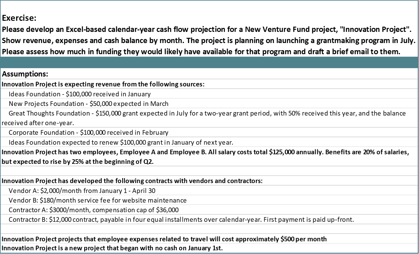 Exercise: Please develop an Excel-based calendar-year cash flow projection for a New