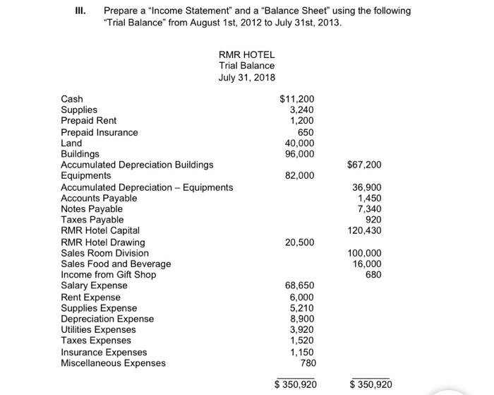  III. Prepare a "Income Statement" and a "Balance Sheet" using the