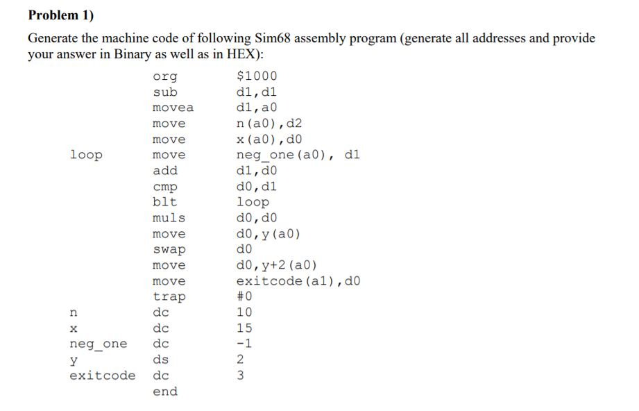 Problem 1) Generate the machine code of following Sim68 assembly program