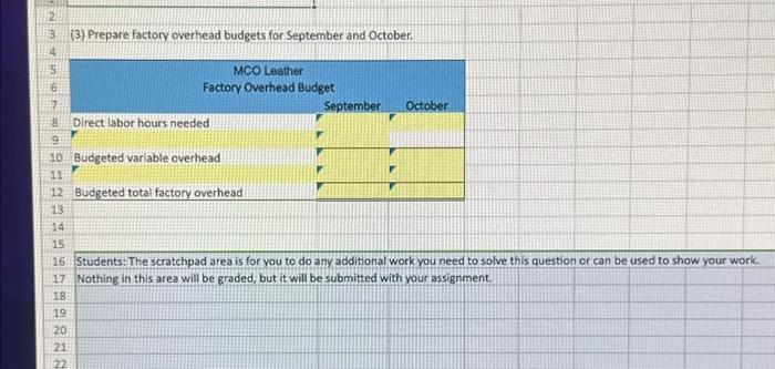 (3) Prepare factory overhead budgets for September and October. Students: The scratchpad