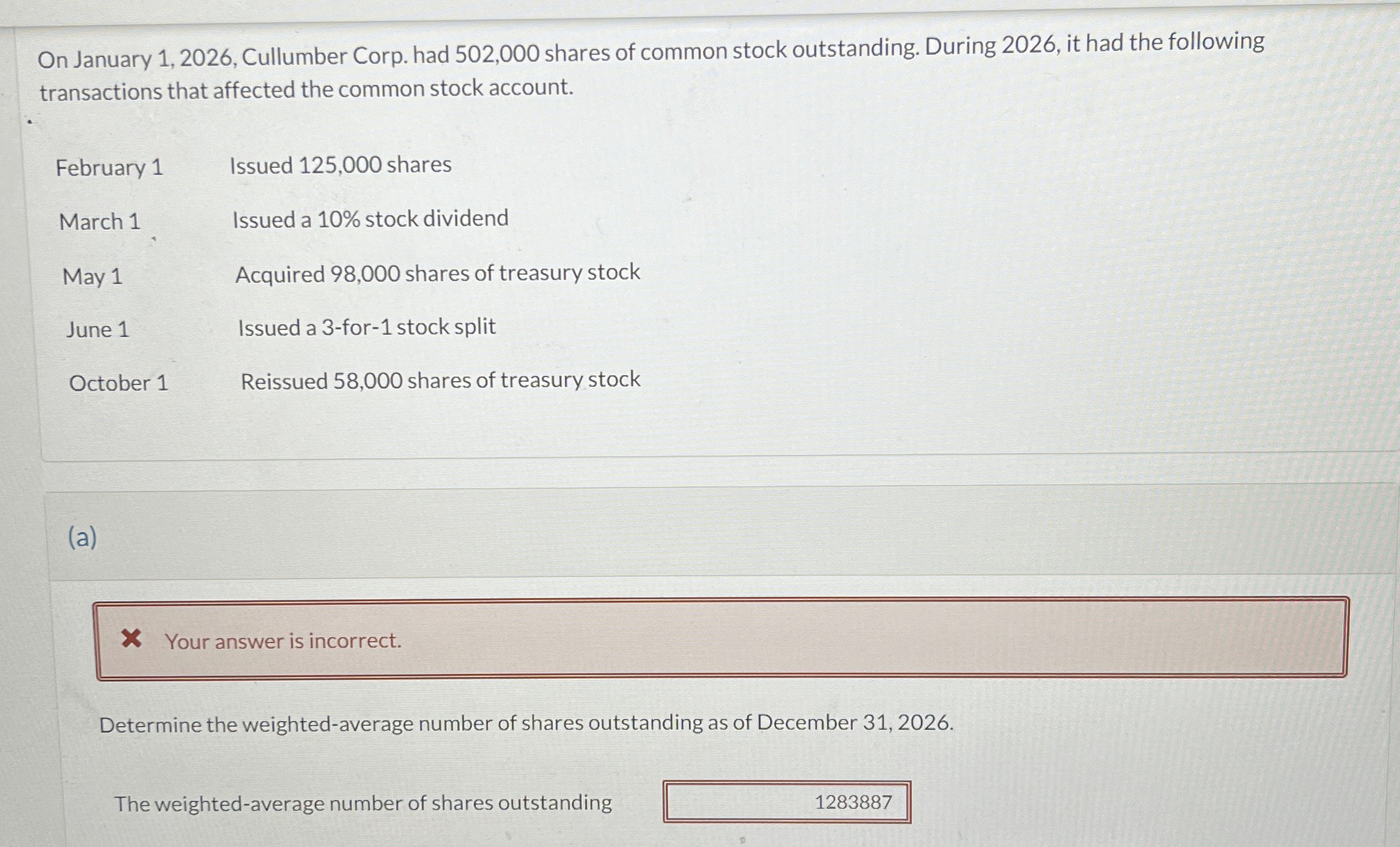  On January 1,2026, Cullumber Corp. had 502,000 shares of common stock