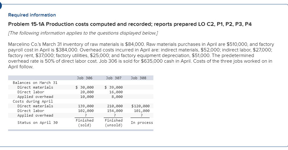 Required information Problem 15-1A Production costs computed and recorded; reports prepared