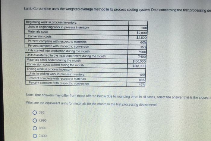  Lumb corporation uses the weighted average method in its process costing