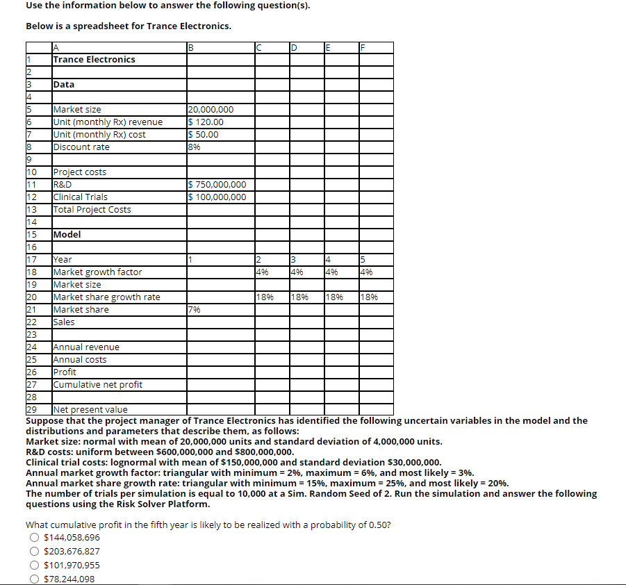 Show work through excel. Use the information below to answer the