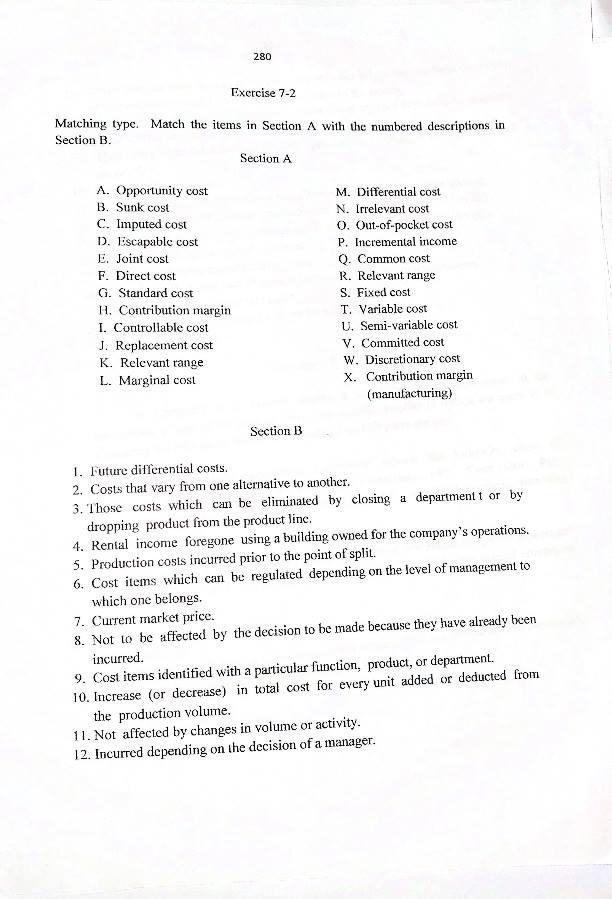  280 Exercise 7-2 Matching type. Match the items in Section with