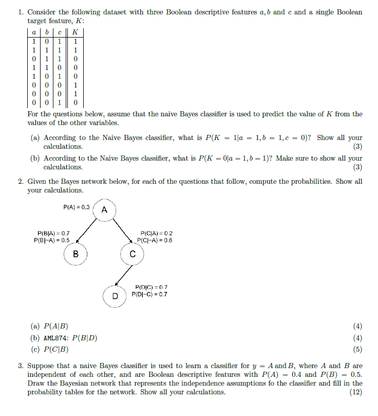  Consider the following dataset with three Boolean descriptive features a,b and