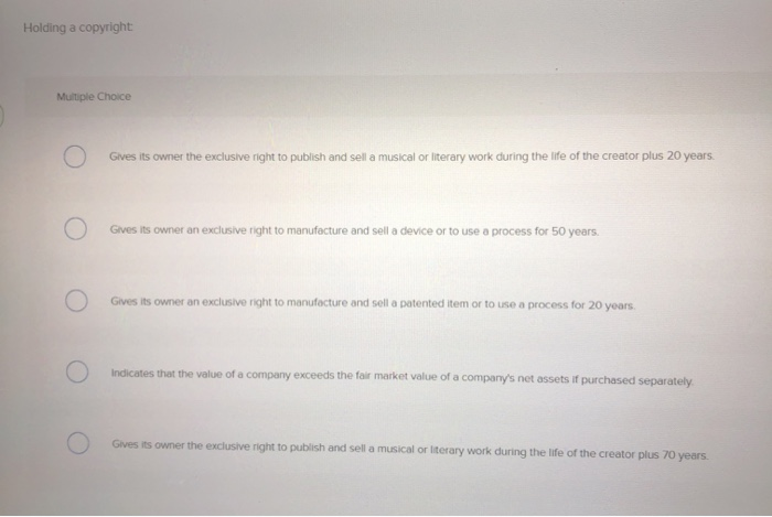  Holding a copyright Multiple Choice ) Gives its owner the exclusive