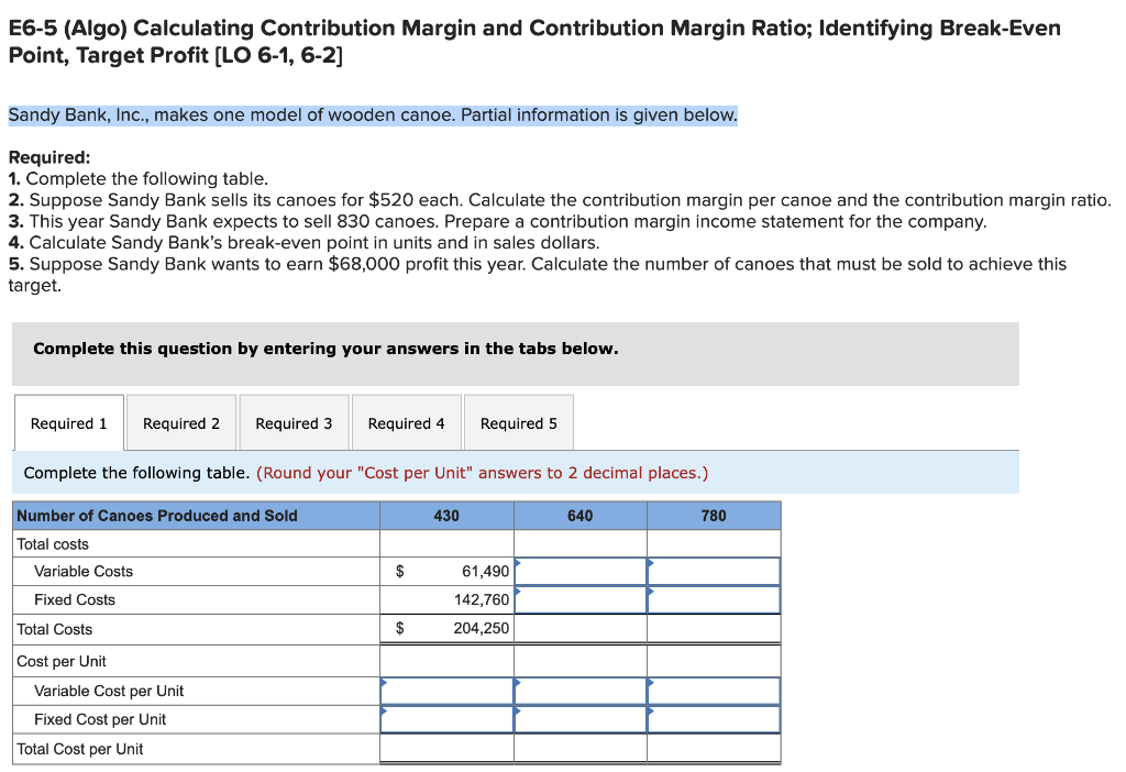 E6-5 (Algo) Calculating Contribution Margin and Contribution Margin Ratio; Identifying Break-Even