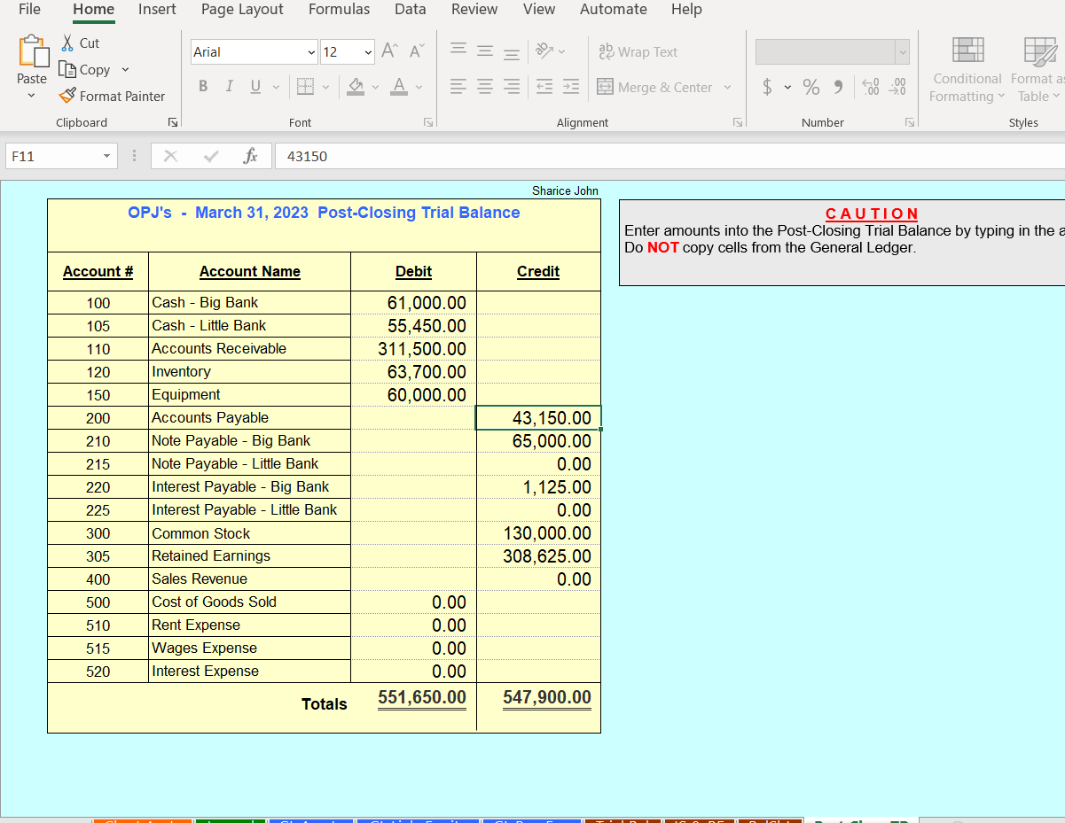 Trans tab enter LastNameFirstName-OPJ Chart of Accounts with Account Numbers and Account