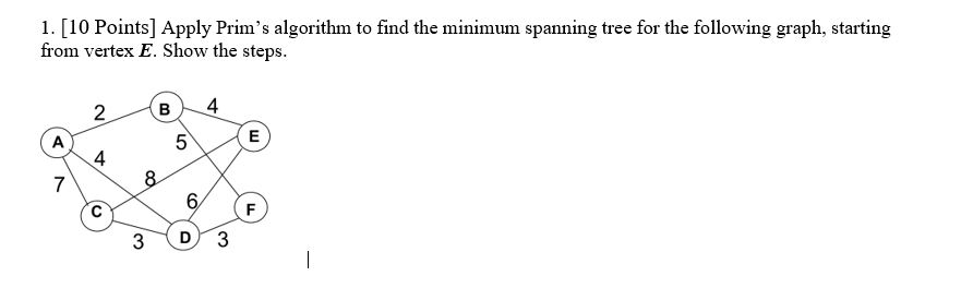  1. [10 Points] Apply Prim's algorithm to find the minimum spanning
