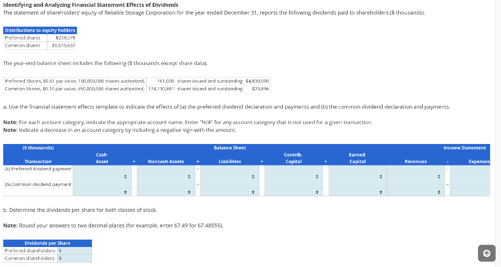  Identifying and Analyzing Financial Statement Effects of Dividends The statement of