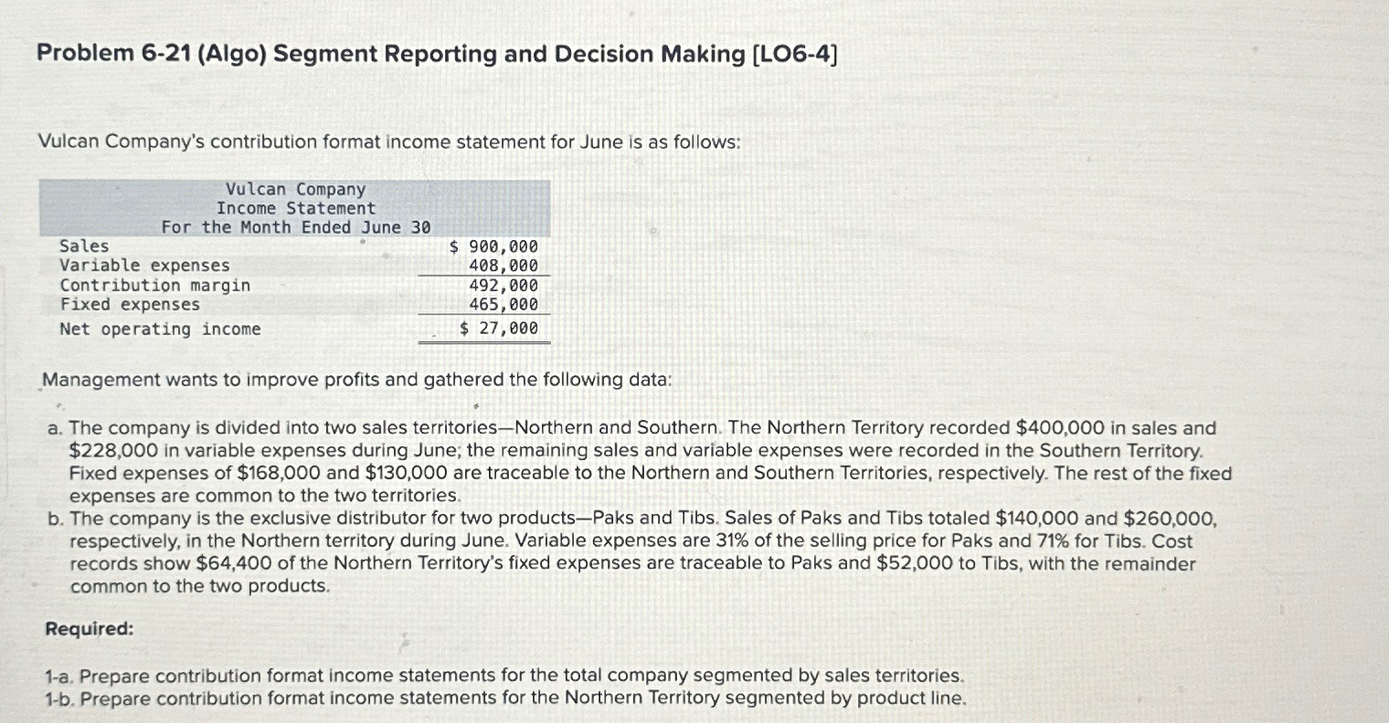  Problem 6-21(Algo) Segment Reporting and Decision Making [LO6-4] Vulcan Company's contribution