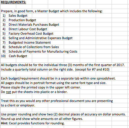  REQUIREMENTS Prepare, in good form, a Master Budget which includes the