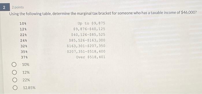  2 2 points Using the following table, determine the marginal tax