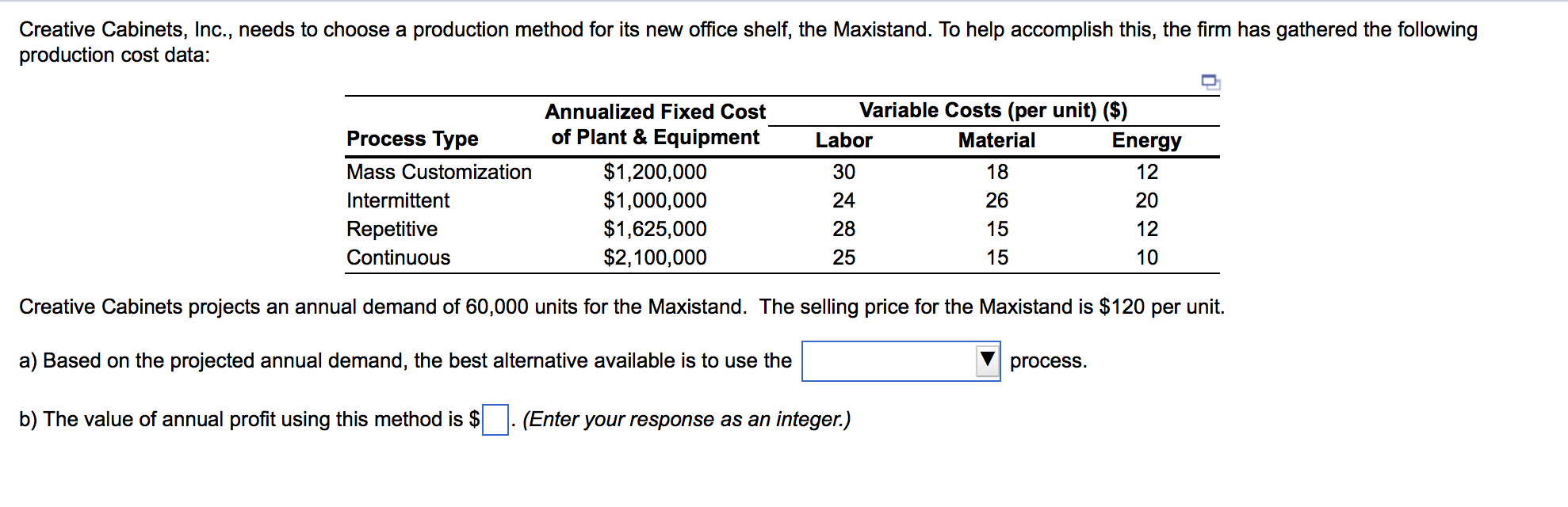  Creative Cabinets, Inc., needs to choose a production method for its