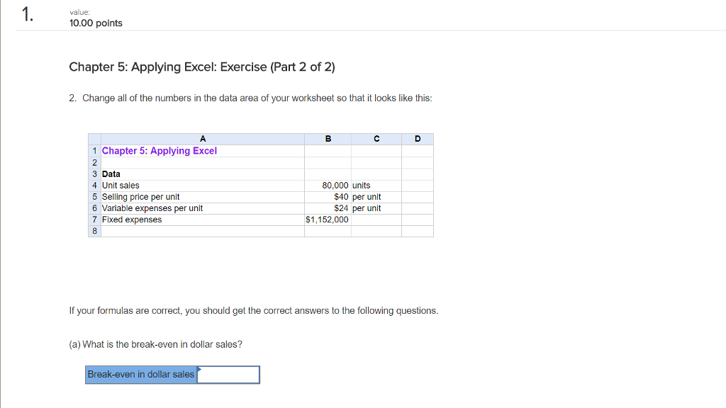  value: 10.00 points Chapter 5: Applying Excel: Exercise (Part 2 of