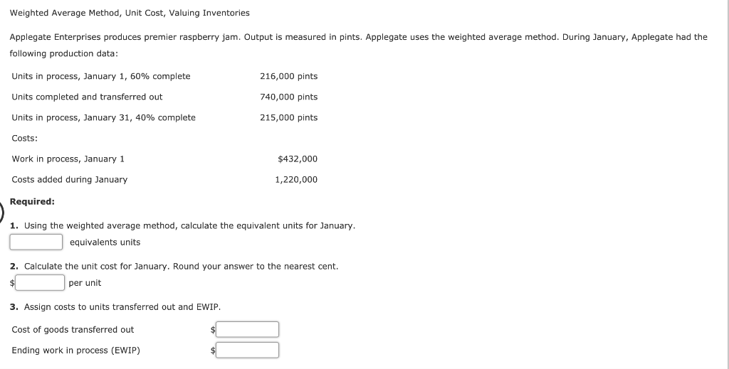 Weighted Average Method, Unit Cost, Valuing Inventories Applegate Enterprises produces premier