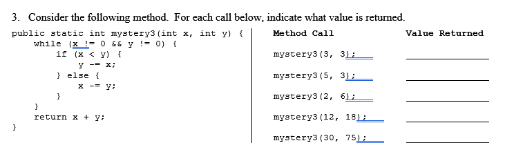 3. Consider the following method. For each call below, indicate what