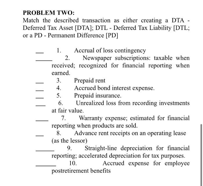  PROBLEM TWO: Match the described transaction as either creating a DTA