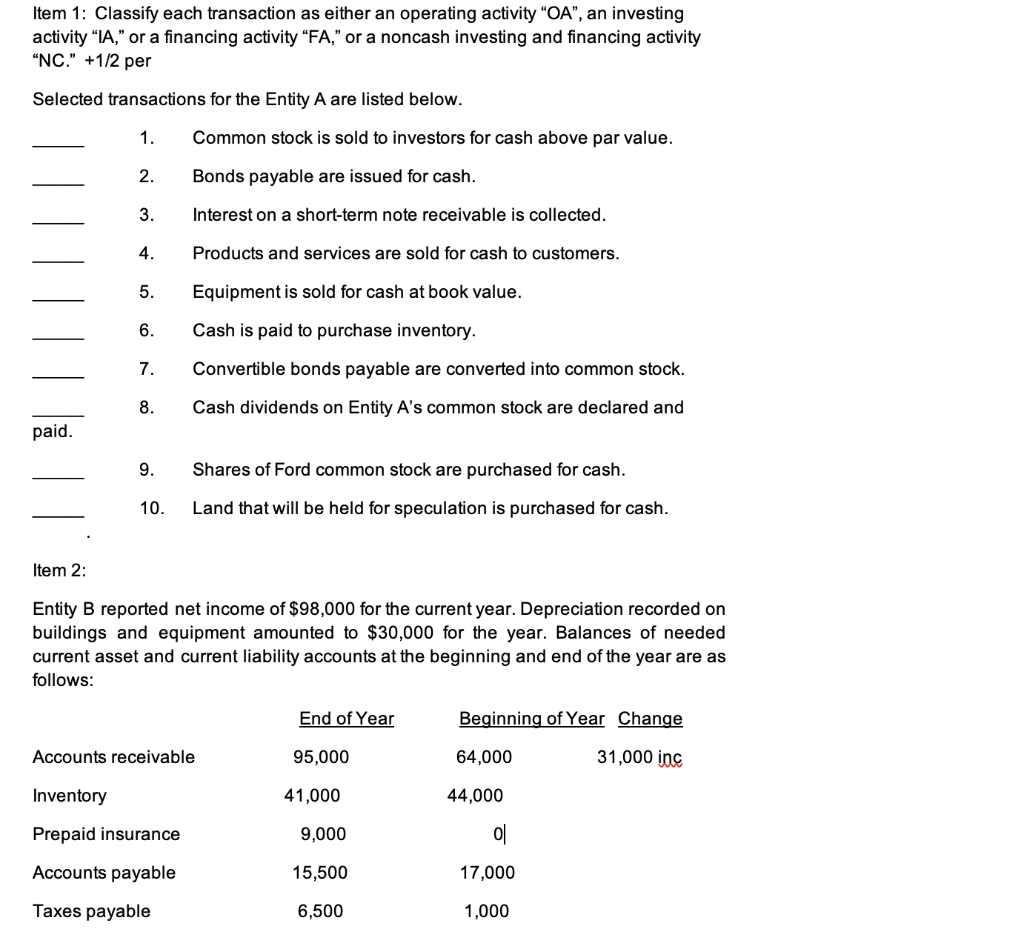  Item 1: Classify each transaction as either an operating activity "OA",