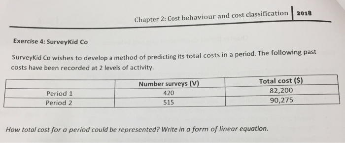  Chapter 2: Cost behaviour and cost classification 2018 Exercise 4: SurveyKid