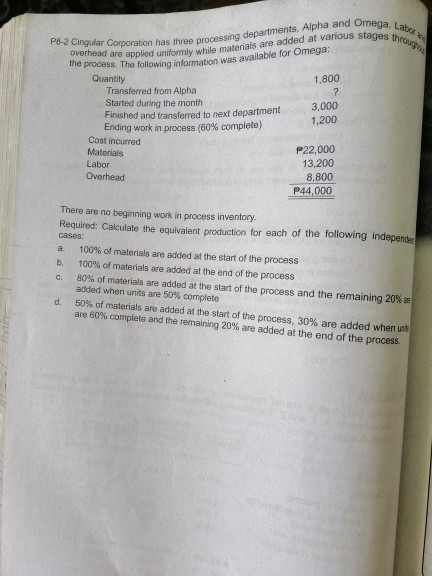 Corporation started operations on October 1, 2014. It has three processing departments: