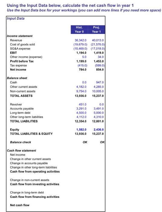 please calculate net cashflow in year 1 excel Using the Input Data