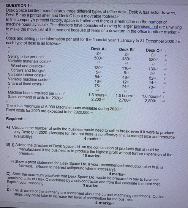  e QUESTION 1 Desk Space Limited manufactures three different types of