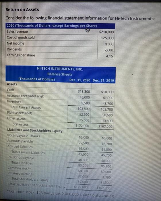  Return on Assets Consider the following financial statement information for Hi-Tech