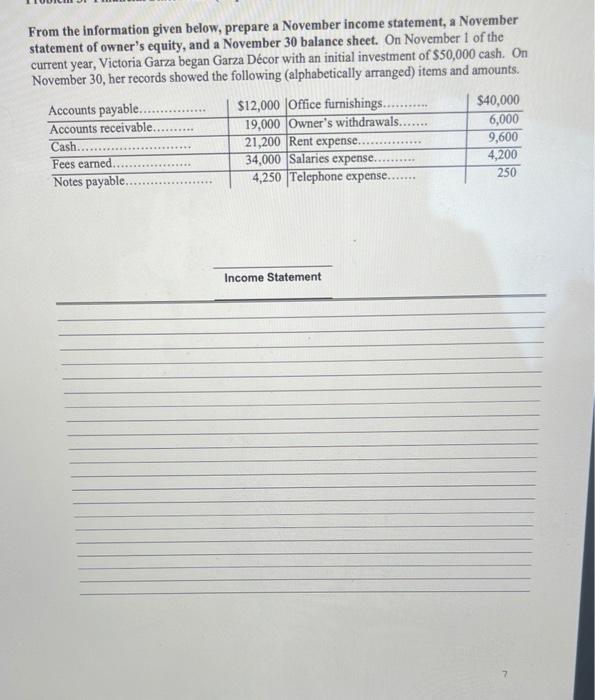  From the information given below, prepare a November income statement, a