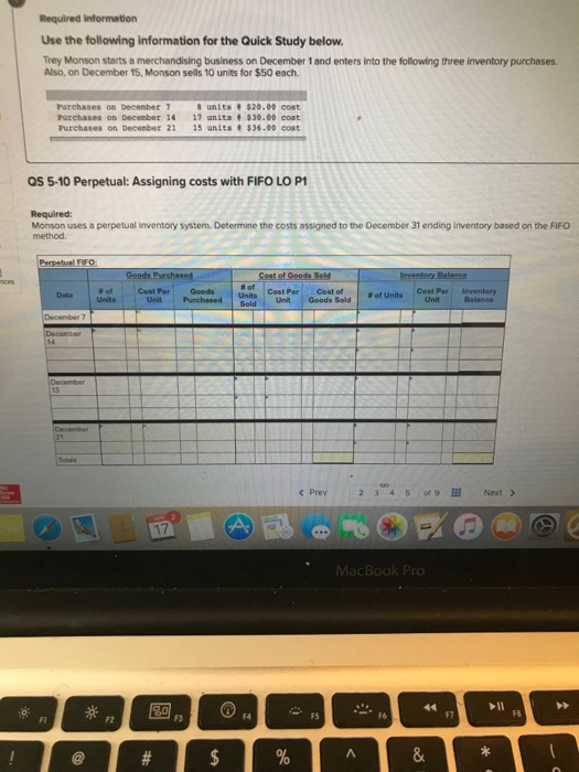  Required information Use the following information for the Quick Study belovw