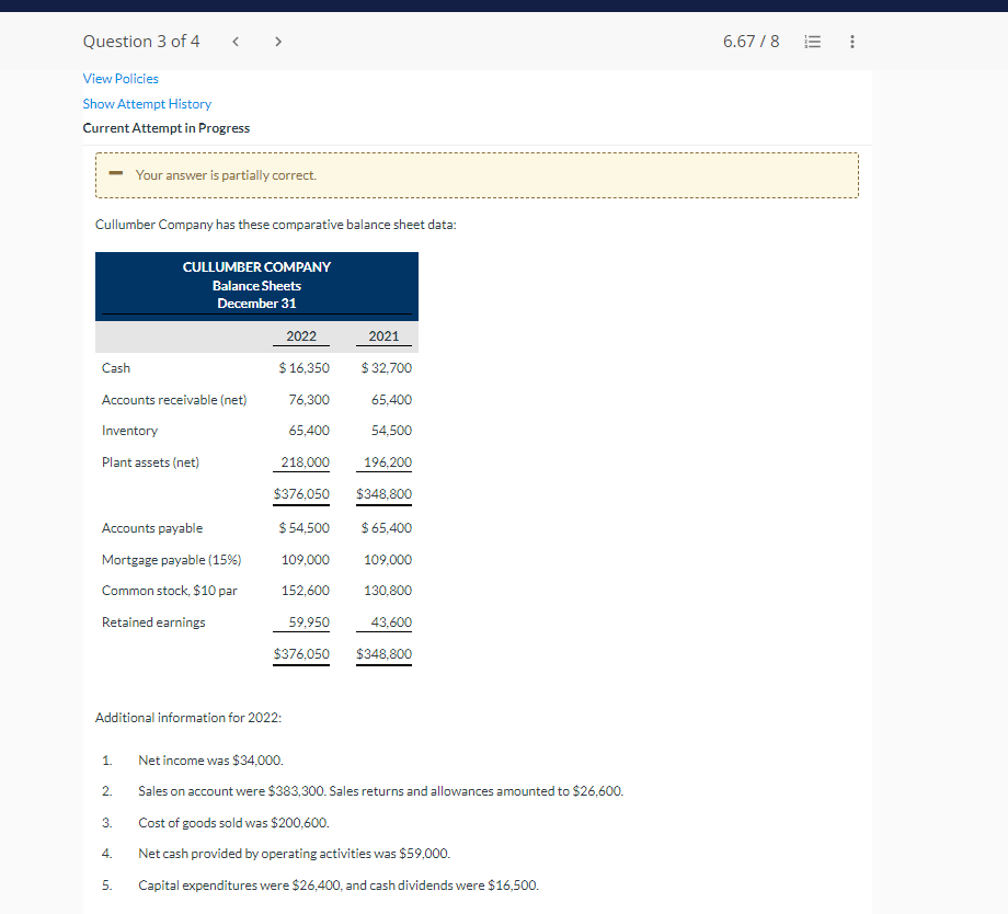3A: Cullumber Company has three comparative balance sheet data Note: Please review