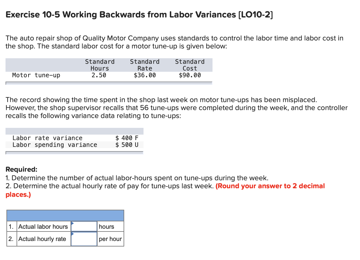  Exercise 10-5 Working Backwards from Labor Variances (LO10-2] The auto repair