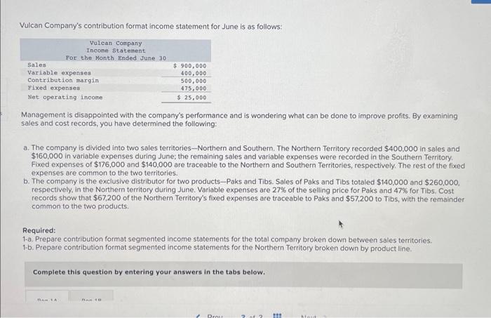  help please Vulcan Company's contribution format income statement for June is