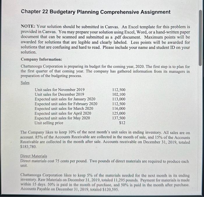  please list out steps !!! Chapter 22 Budgetary Planning Comprehensive Assignment