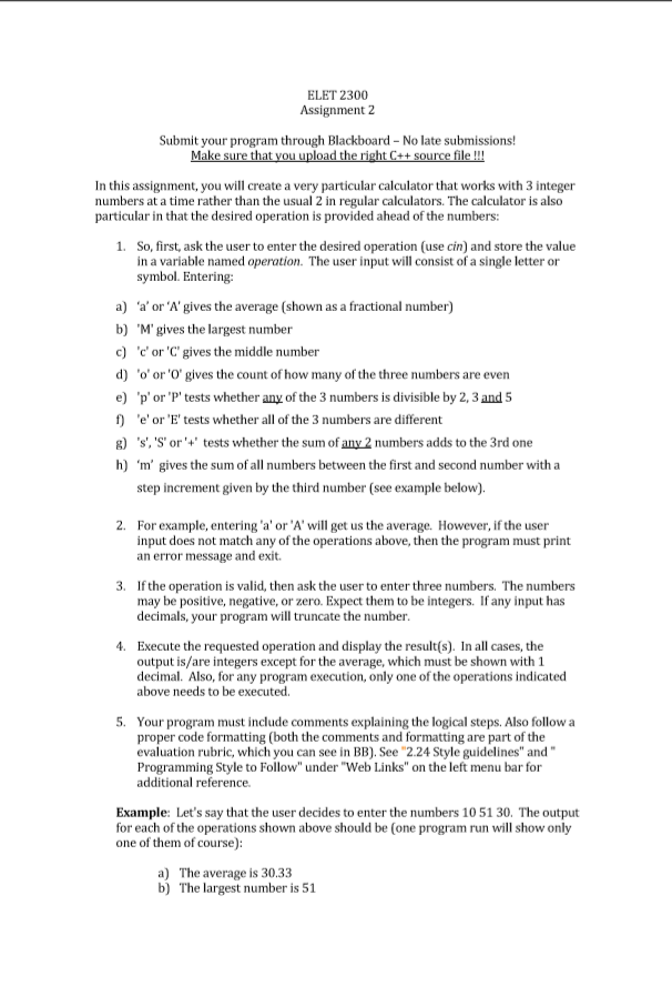  ELET 2300 Assignment 2 Submit your program through Blackboard - No