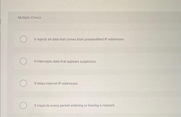  Multiple Choice It rejects all data that comes from preidentified IP