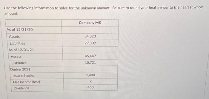  Use the following information to solve for the unknown amount. Be