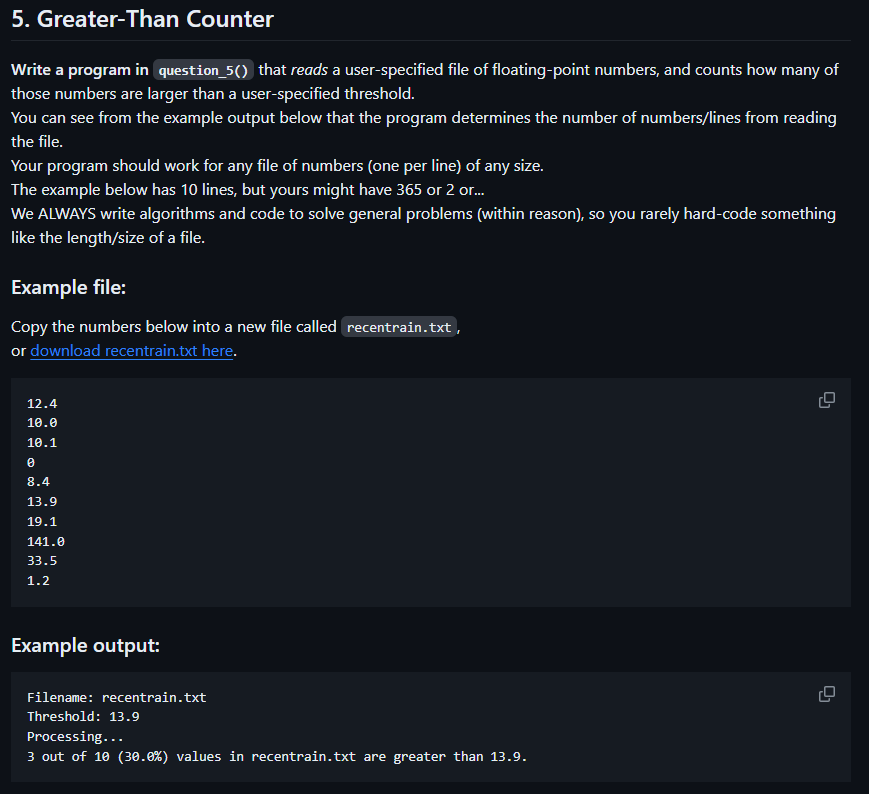  Greater-Than Counter Write a program in question_5() that reads a user-specified