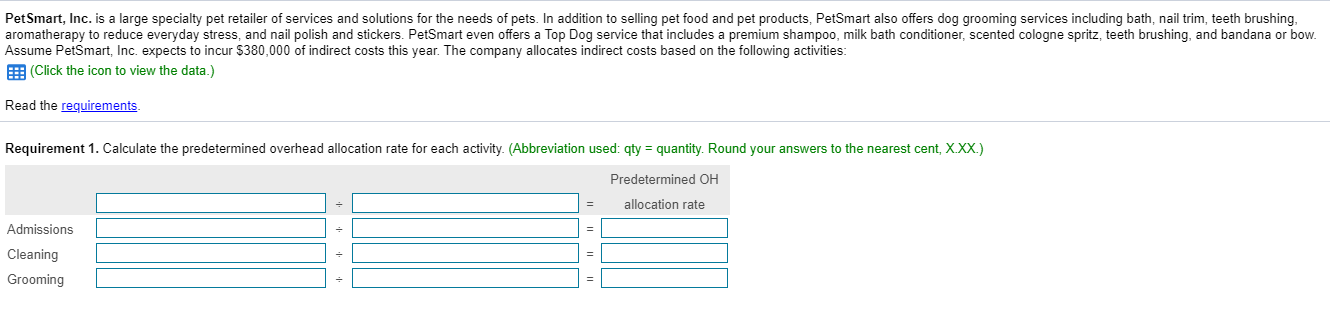 Allocation Base $ 60,000 Number of admissions 240,000 Cleaning direct labor hours