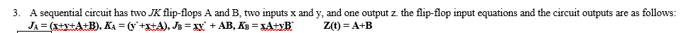 3. A sequential circuit has two JK flip-flops A and B,