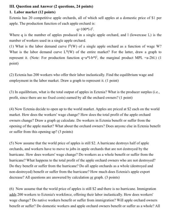  III. Question and Answer (2 questions, 24 points) 1. Labor market