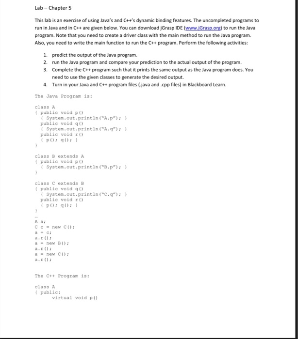  Lab- Chapter 5 This lab is an exercise of using Java's